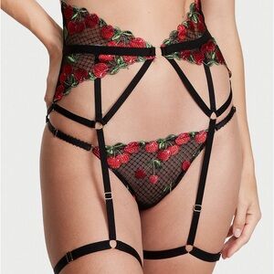 Victoria's Secret very sexy Black and Red Cherry Embroidered garter Belt